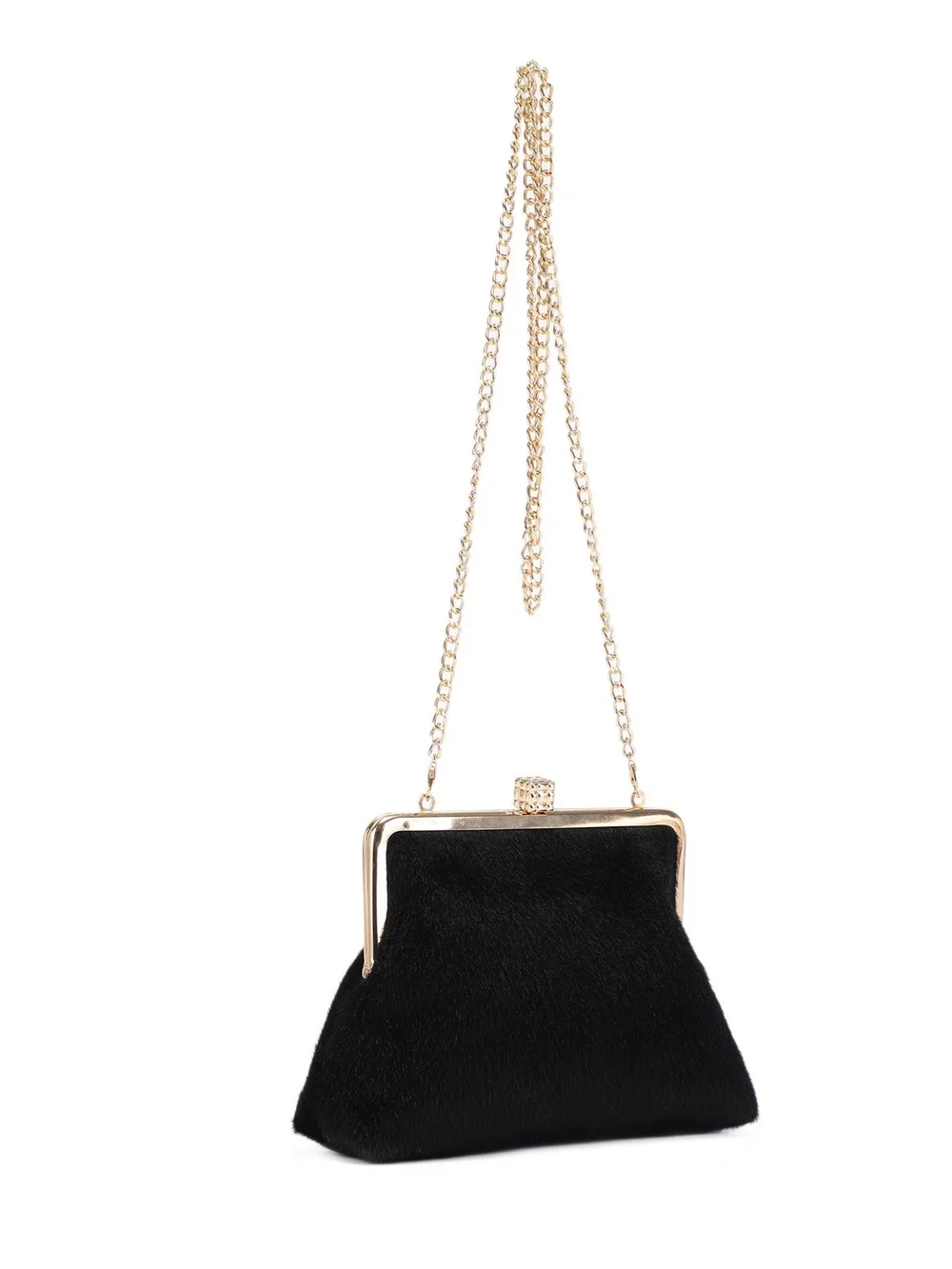Burgundy Faux Fur Clutch with Gold Chain